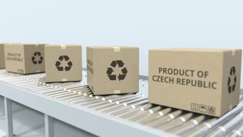 Boxes with PRODUCT OF CZECH REPUBLIC text on roller conveyor. Import or export Stock Illustration