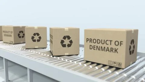 Boxes with PRODUCT OF DENMARK text on roller conveyor. Danish import or export Stock Illustration