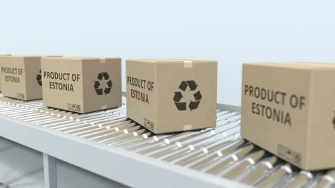 Boxes with PRODUCT OF ESTONIA text on roller conveyor. Estonian import or export Stock Illustration