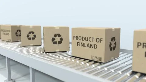 Boxes with PRODUCT OF FINLAND text on roller conveyor. Finnish import or export Stock Illustration