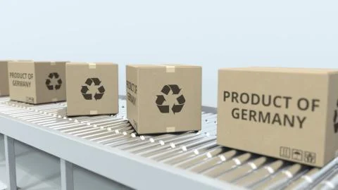 Boxes with PRODUCT OF GERMANY text on roller conveyor. German import or export Stock Illustration