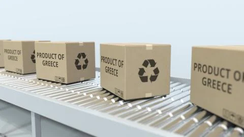 Boxes with PRODUCT OF GREECE text on roller conveyor. Greek import or export Stock Illustration