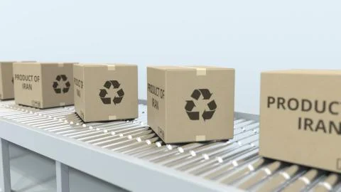 Boxes with PRODUCT OF IRAN text on roller conveyor. Iranian import or export Stock Illustration