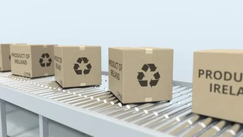 Boxes with PRODUCT OF IRELAND text on roller conveyor. Turkish import or export Stock Illustration
