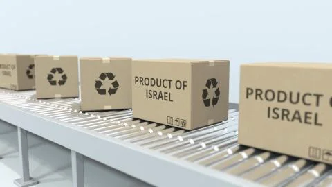 Boxes with PRODUCT OF ISRAEL text on roller conveyor. Israeli import or export Stock Illustration