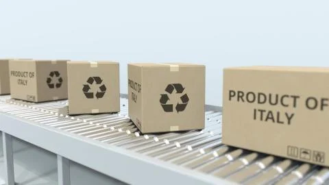 Boxes with PRODUCT OF ITALY text on roller conveyor. Italian import or export Stock Illustration
