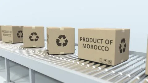 Boxes with PRODUCT OF MOROCCO text on roller conveyor. Moroccan import or export Stock Illustration