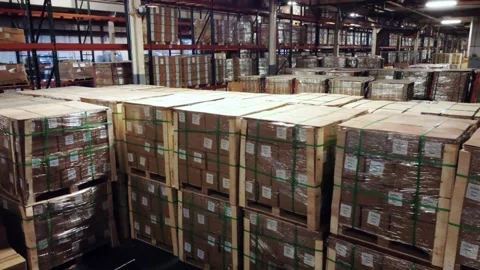 Boxes of product in packed warehouse Video stock 151855154