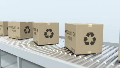 Boxes with PRODUCT OF PERU text on roller conveyor. Peruvian import or export Stock Illustration