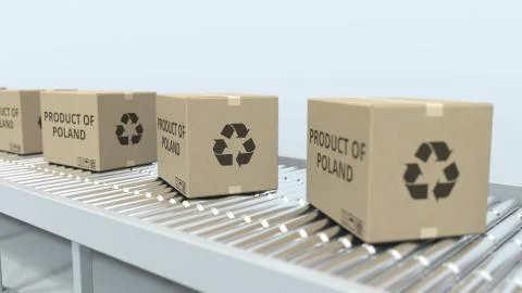 Boxes with PRODUCT OF POLAND text on roller conveyor. Polish import or export Stock Illustration