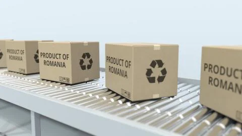 Boxes with PRODUCT OF ROMANIA text on roller conveyor. Romanian import or export Stock Illustration