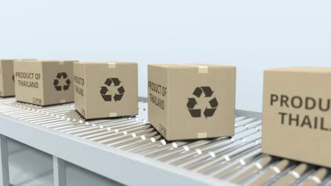 Boxes with PRODUCT OF THAILAND text on roller conveyor. Thai import or export Stock Illustration