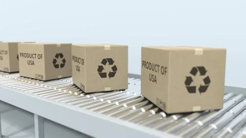 Boxes with PRODUCT OF USA text on roller conveyor. American import or export Stock Illustration