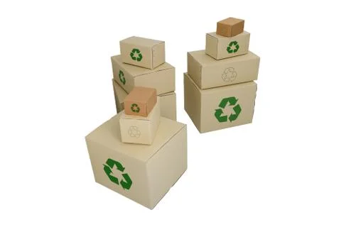 Boxes with Recycle Sign in different sizes stacked boxes isolated on white ba Stock Photos