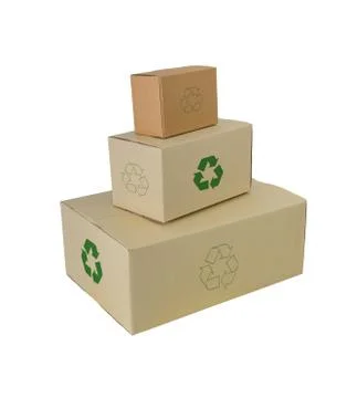Boxes with Recycle Sign in different sizes stacked boxes isolated on white ba Stock Photos