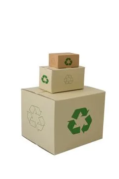 Boxes with Recycle Sign in different sizes stacked boxes isolated on white ba Stock Photos