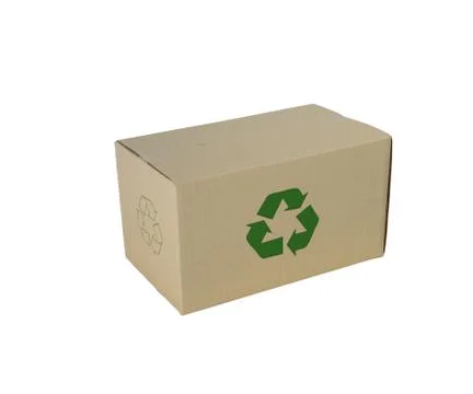 Boxes with Recycle Sign in different sizes stacked boxes isolated on white ba Stock Photos