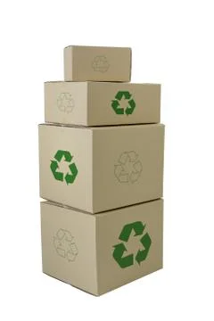 Boxes with Recycle Sign in different sizes stacked boxes isolated on white ba Stock Photos
