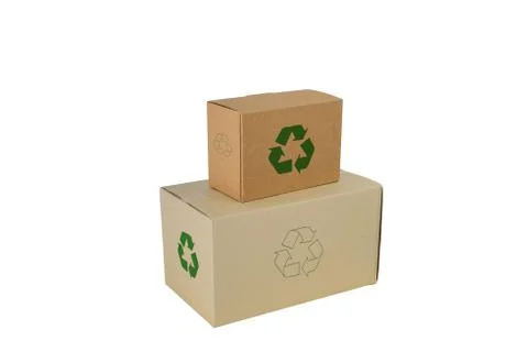 Boxes with Recycle Sign in different sizes stacked boxes isolated on white ba Stock Photos