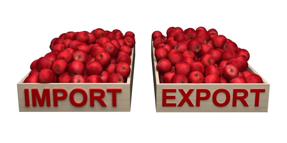 Boxes with red apples with text import export Stock Illustration