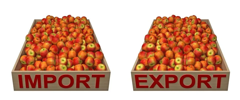 Boxes with red apples with text import export Stock Illustration