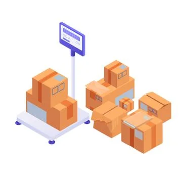Boxes on scales loading isometric. Large and small yellow boxes cargo are Stock Illustration