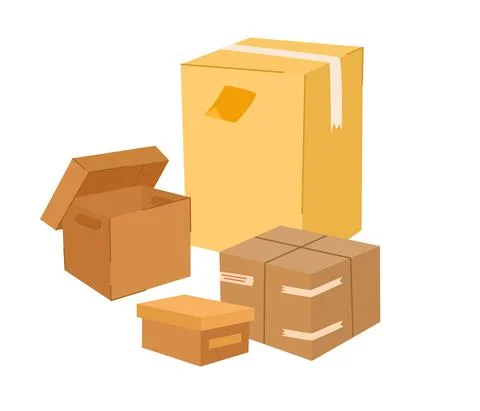 Boxes set. Cardboard boxes with various things. Moving and relocation concept Stock Illustration