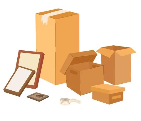 Boxes set. Cardboard boxes with various things. Moving and relocation concept Stock Illustration