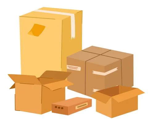 Boxes set. Cardboard boxes with various things. Moving and relocation concept 스톡 일러스트
