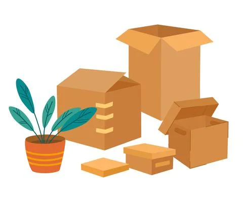 Boxes set. Cardboard boxes with various things and plant. Moving and relocati Stock Illustration