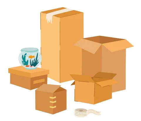 Boxes set. Cardboard boxes with various things and plant. Moving and relocati Stockillustratie