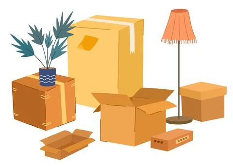 Boxes set. Cardboard boxes with various things and plant. Moving and relocati Stockillustratie
