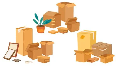 Boxes set. Cardboard boxes with various things. Moving and relocation concept Illustrazione stock