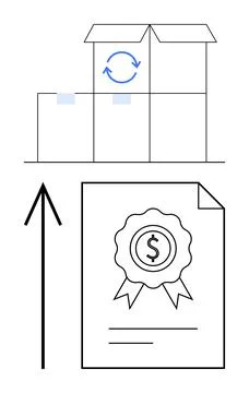 Boxes stacked with a circular arrow, upward arrow pointing to certificate wit イラスト素材