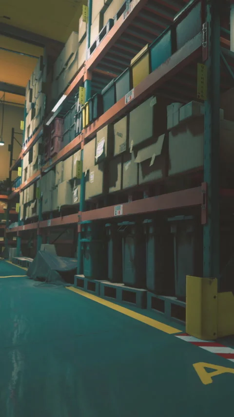 Boxes stacked high in a busy warehouse during the golden hour Stock Footage 335098004