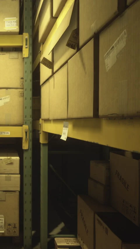Boxes stacked high in a dimly lit warehouse during late afternoon hours Stock Footage 335098061