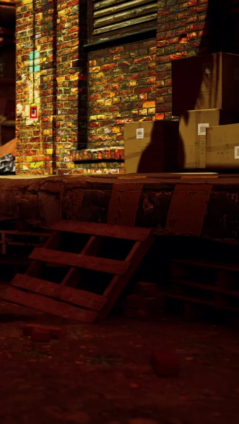 Boxes stacked on a platform beside a brick wall at night Stock Footage 346758872