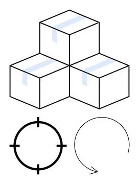 Boxes stacked in a warehouse with focus and refresh icons representing logi.. Stockillustratie