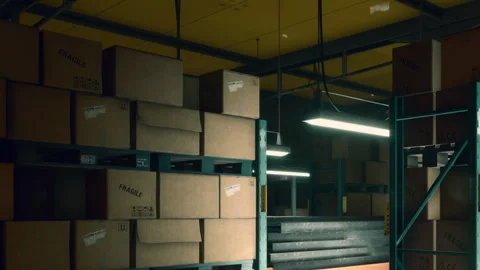 Boxes stacked in a warehouse with lights overhead in the evening hours Stock Footage 344846832