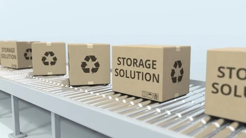 Boxes with STORAGE SOLUTION text on roller conveyor. Loopable 3D animation Stock Footage 106492851