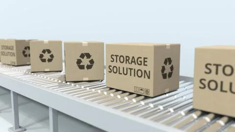 Boxes with STORAGE SOLUTION text on roller conveyor. 3D rendering Illustrazione stock