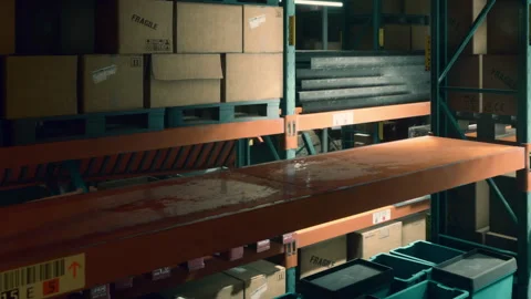 Boxes stored on shelves in a warehouse during late evening hours Stock Footage 344376505