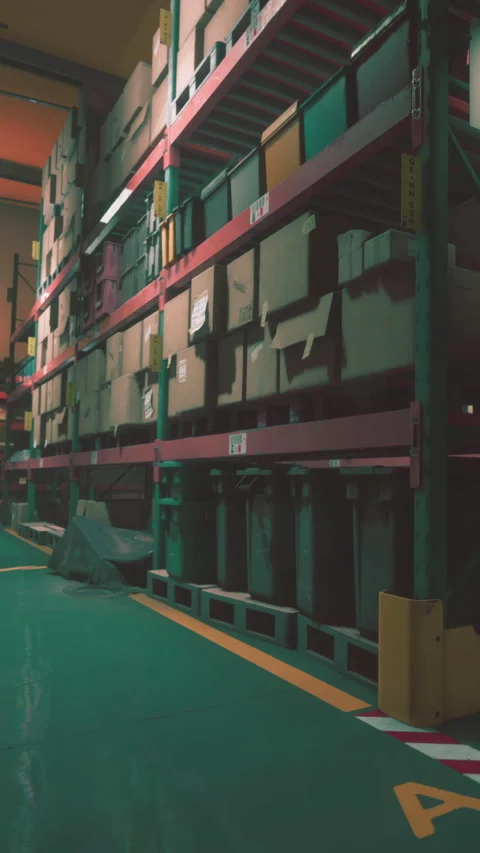 Boxes stored in a warehouse with shelves and a green floor during daytime Stock Footage 337927065
