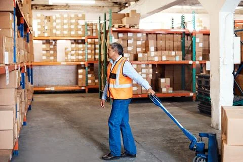 Boxes, supply chain and trolley with man in factory for management of comme.. Stock Photos