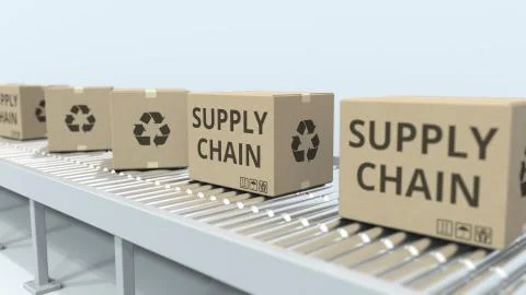 Boxes with SUPPLY CHAIN text on roller conveyor. 3D rendering イラスト素材