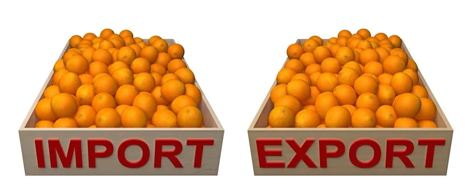Boxes with tangerines with text import export Stock Illustration