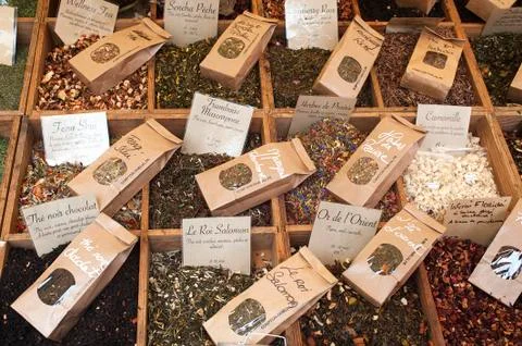 Boxes of tea leaves in a market Stock Photos