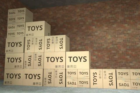 Boxes with toys form a declining bar chart. Crisis related conceptual 3D Stock Illustration