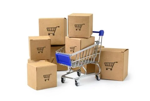 Boxes in a trolley  on white background with clipping path. Concepts about on Stock Photos