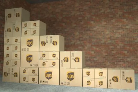 Boxes with UPS logo make up a declining bar chart. Editorial crisis related 3D Stock Illustration